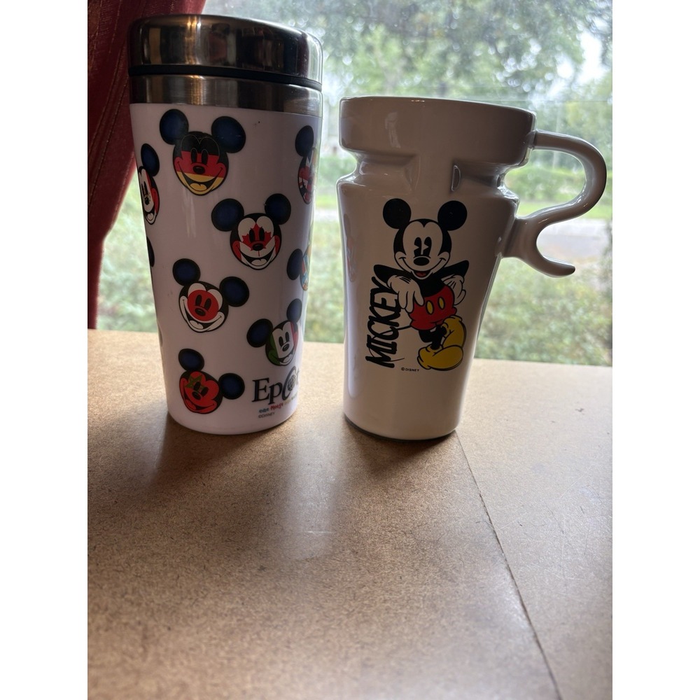 Disney Mickey Mouse Epcot Travel Tumbler & Mickey Mug with Lids 2 Piece Lot